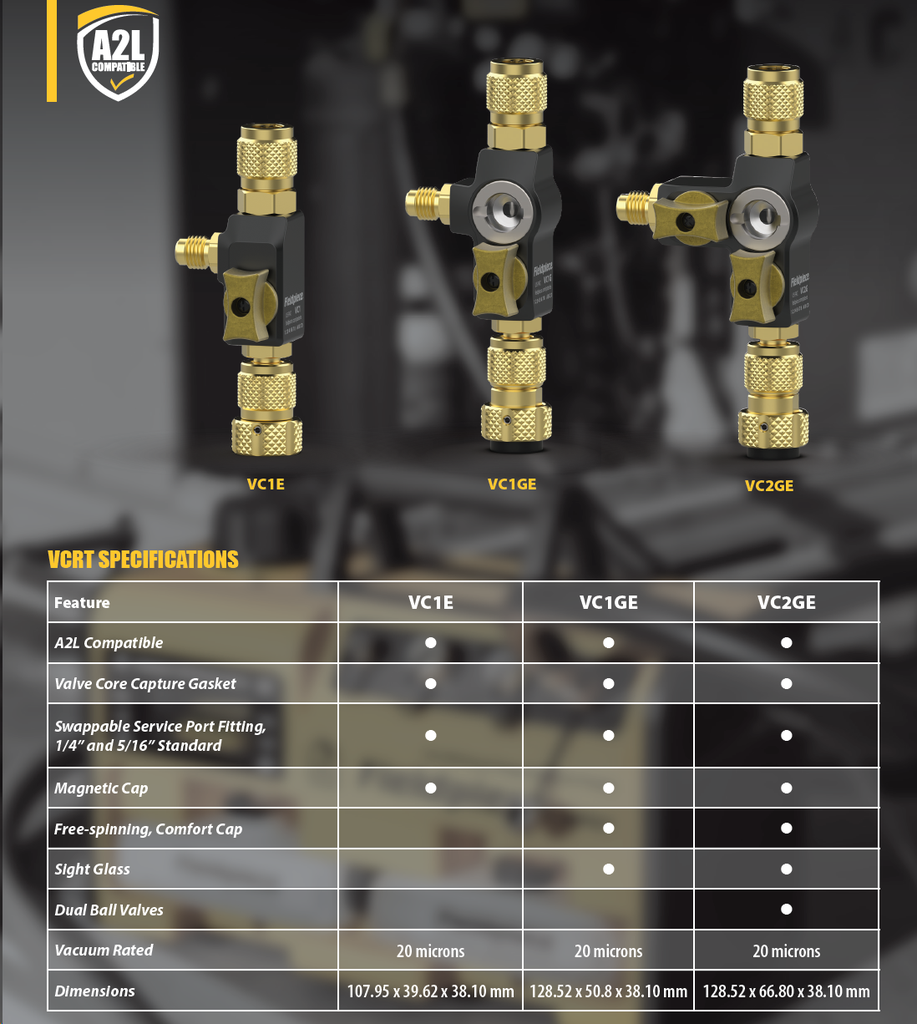 Neulaventtiilin vaihtotyökalu Fieldpiece VC2GE (1/4" & 5/16") + nestelasi + tupla venttiili