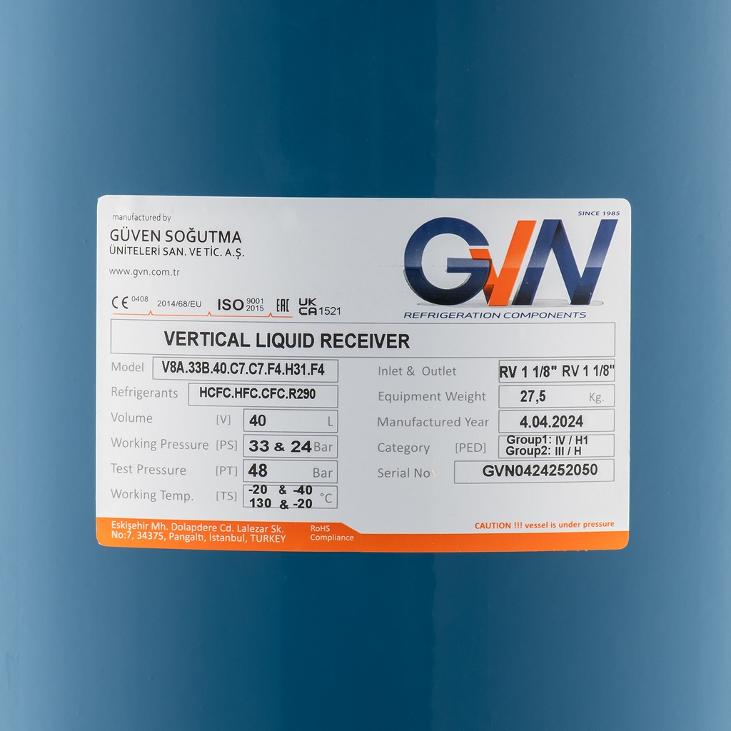 Vertical Liquid Receiver, 33bar, 40litres