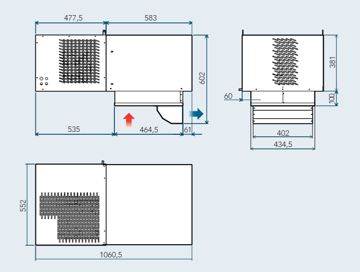 Monoblock kylmähuone, katto/höyrystin katolla, R290, MBP, 230V, 8,8m3 [0°C / +32°C]