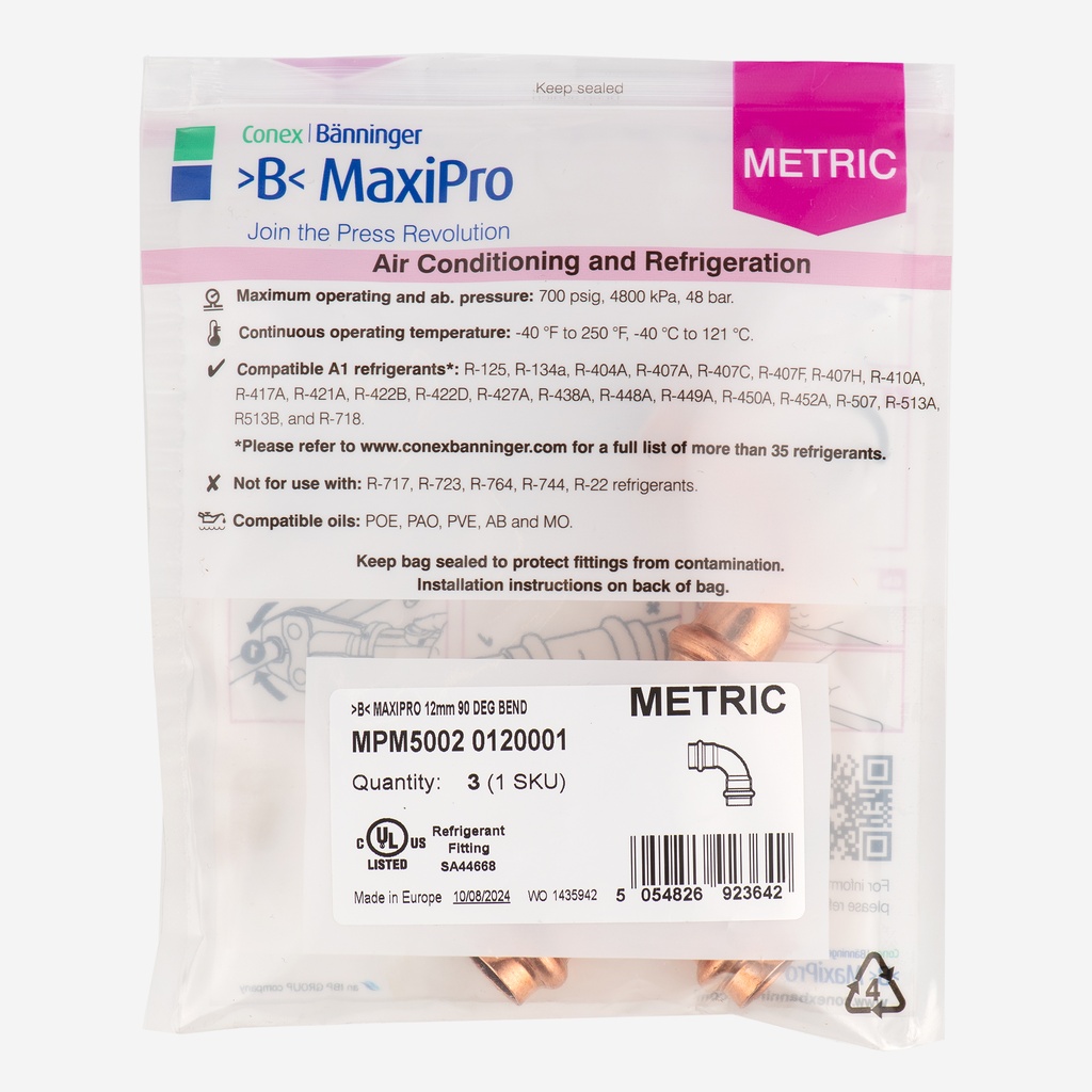 MaxiPro, 90° Bend, 12 mm, 3pcs/bag | MPM5002 0120001