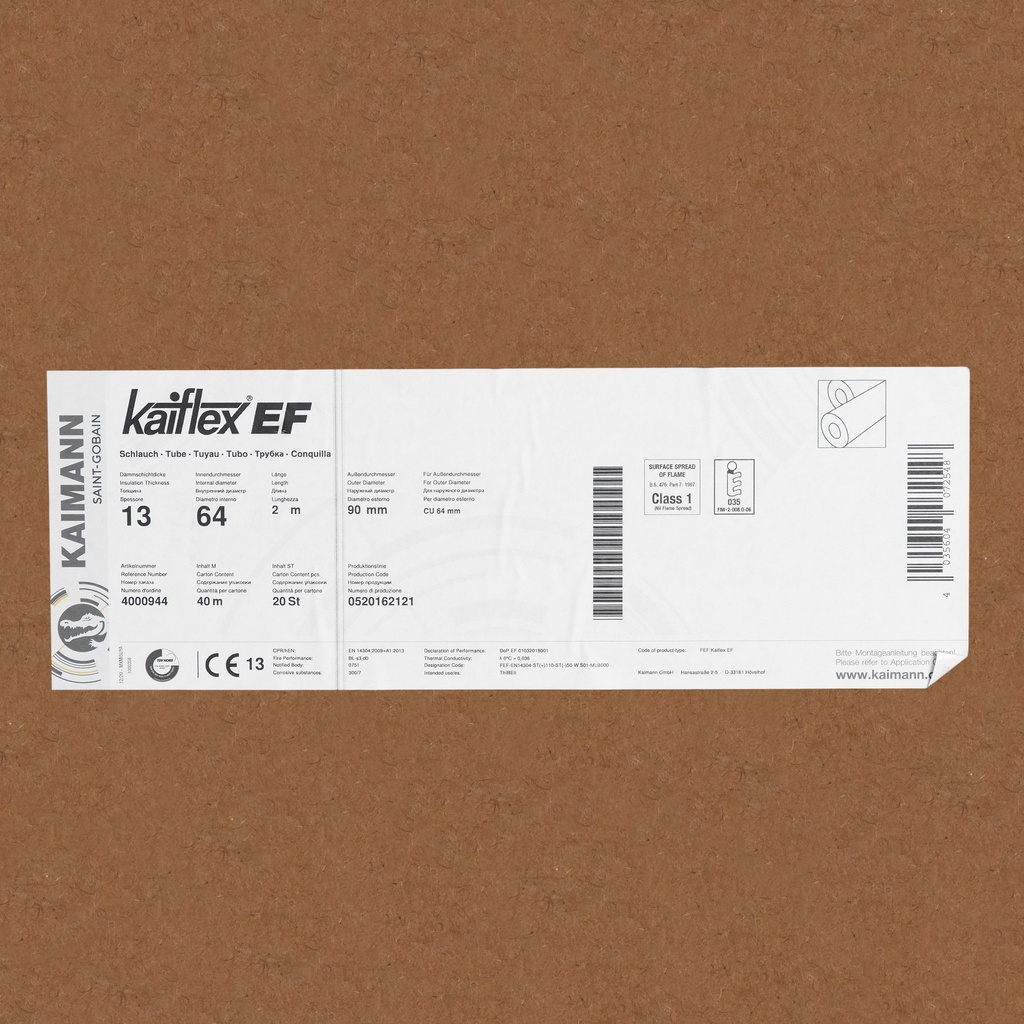 Insulation tube 13mm x 64mm (2m) (box: 40m/20kpl)