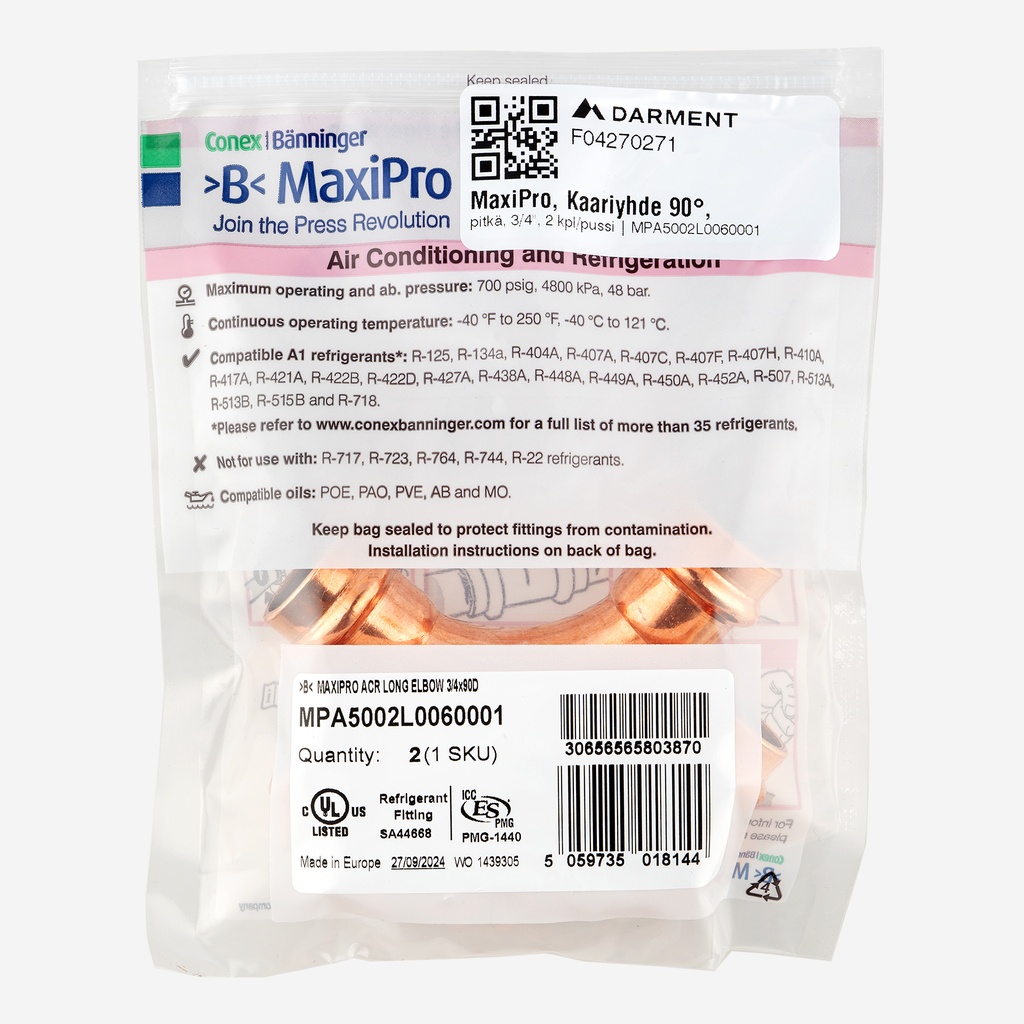 MaxiPro, 90° Bend Long, 3/4", 2pcs/bag | MPA5002L0060001