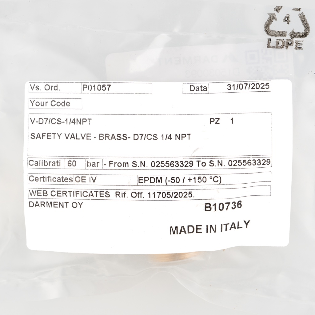 Safety valve D7/CS 1/4"NPT - 1/2"G 60bar Co2